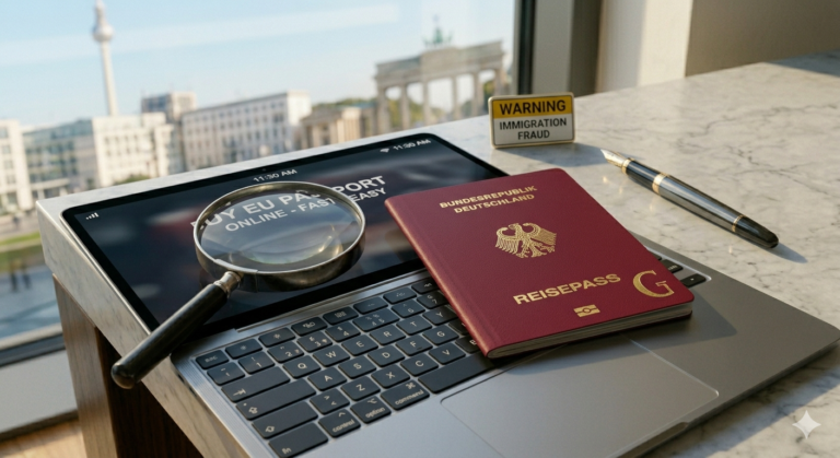 A dark, high-contrast image of a laptop screen showing a 'Passport for Sale' scam ad, contrasted against a physical, official German biometric passport and a 'Warning' sign.