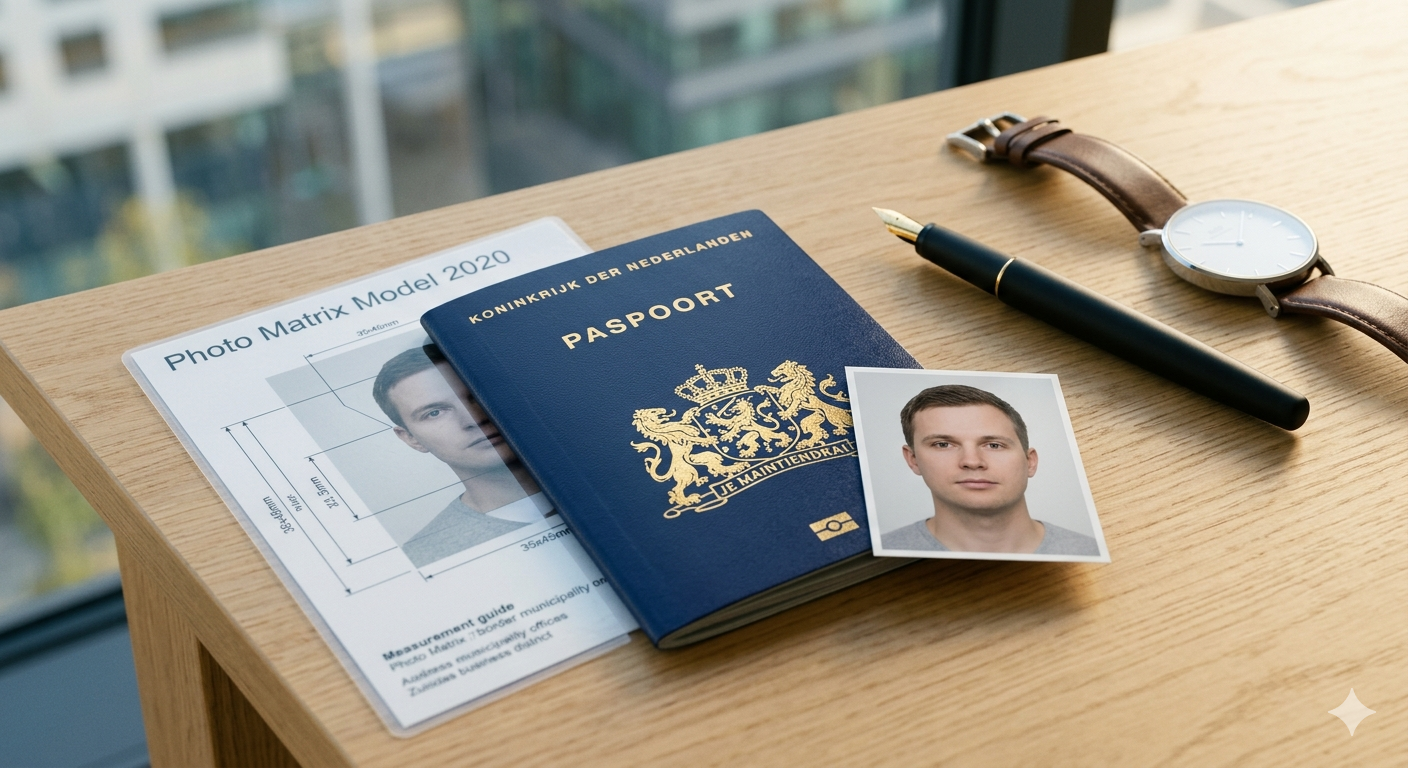 A sleek Dutch biometric passport with the "Je Maintiendrai" coat of arms, resting on a white surface next to the official Photo Matrix measurement guide