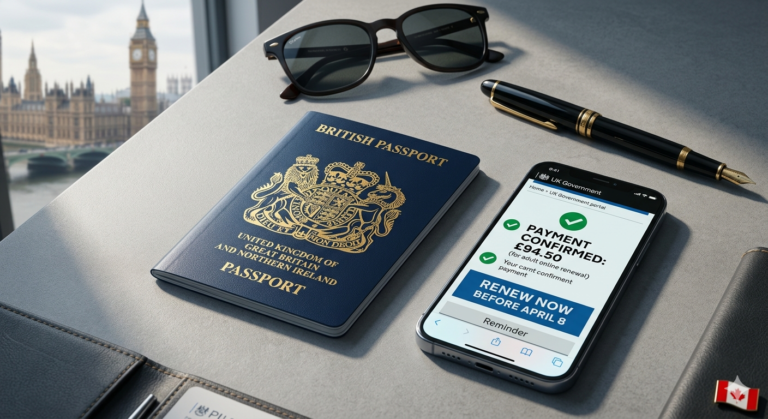 A new blue British biometric passport resting on a digital tablet showing the GOV.UK renewal portal, with a "Renew Before April 8" reminder