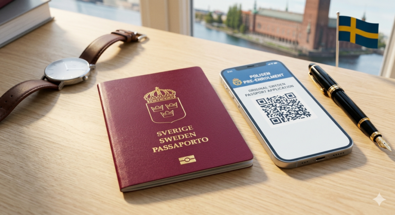 A vibrant, light-filled shot of a dark-red Swedish biometric passport with the gold "Tre Kronor" crest, resting on a table next to a smartphone displaying a QR code for the Polisen portal.