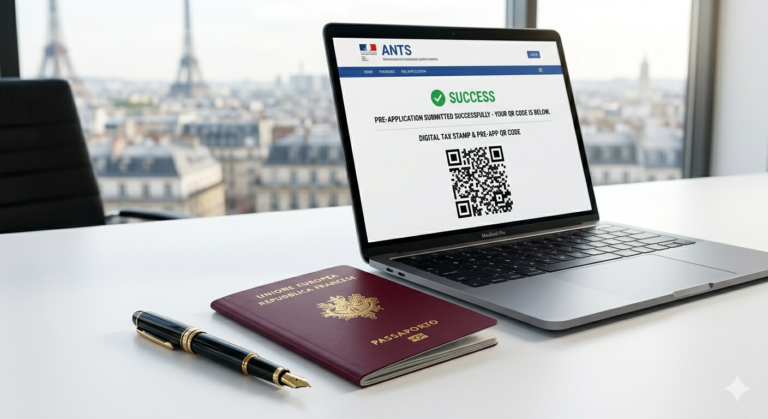 A dark red French biometric passport with the "Liberté, Égalité, Fraternité" emblem, resting on a laptop showing the ANTS pre-application portal
