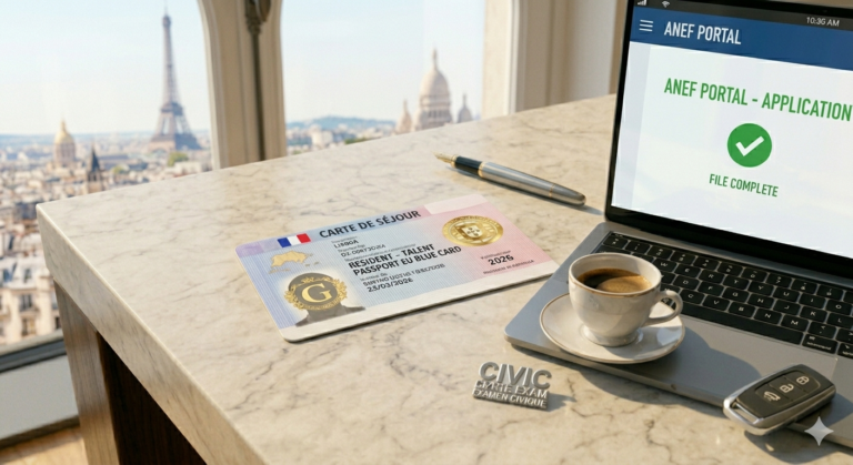 A sleek, modern French 'Carte de Séjour' biometric card resting on a bistro table next to a notebook with 'Liberté, Égalité, Fraternité' written on it and a smartphone showing the ANEF portal.